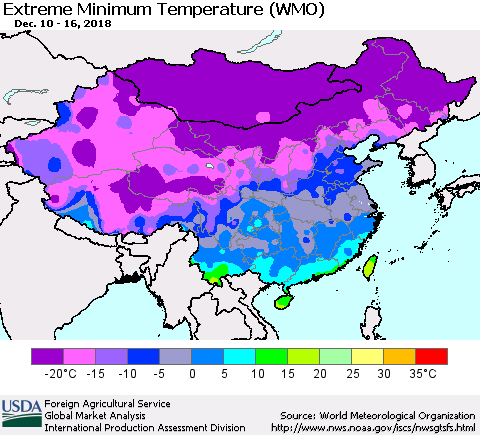 China, Mongolia and Taiwan Minimum Daily Temperature (WMO) Thematic Map For 12/10/2018 - 12/16/2018