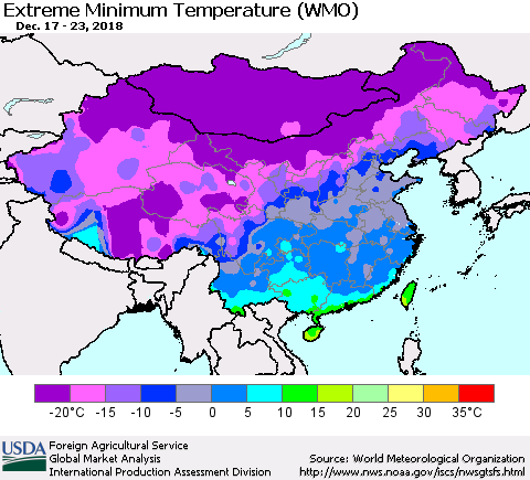 China, Mongolia and Taiwan Minimum Daily Temperature (WMO) Thematic Map For 12/17/2018 - 12/23/2018