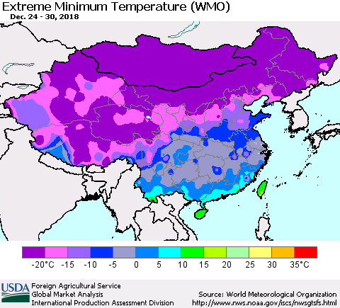 China, Mongolia and Taiwan Minimum Daily Temperature (WMO) Thematic Map For 12/24/2018 - 12/30/2018