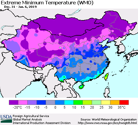 China, Mongolia and Taiwan Minimum Daily Temperature (WMO) Thematic Map For 12/31/2018 - 1/6/2019