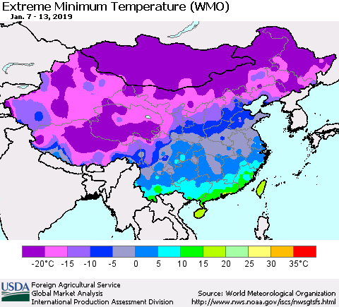 China, Mongolia and Taiwan Minimum Daily Temperature (WMO) Thematic Map For 1/7/2019 - 1/13/2019