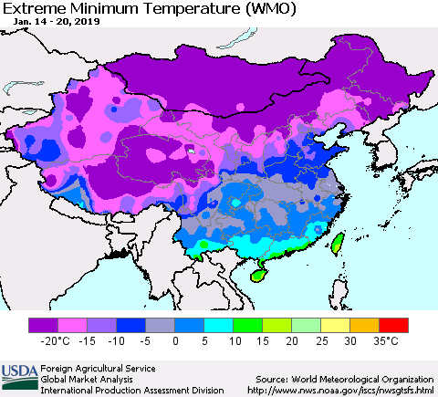 China, Mongolia and Taiwan Minimum Daily Temperature (WMO) Thematic Map For 1/14/2019 - 1/20/2019