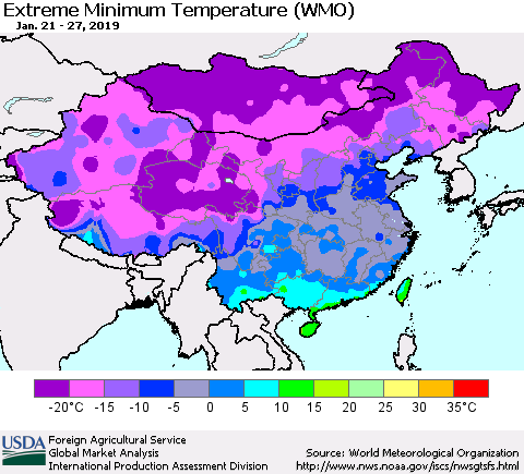 China, Mongolia and Taiwan Minimum Daily Temperature (WMO) Thematic Map For 1/21/2019 - 1/27/2019