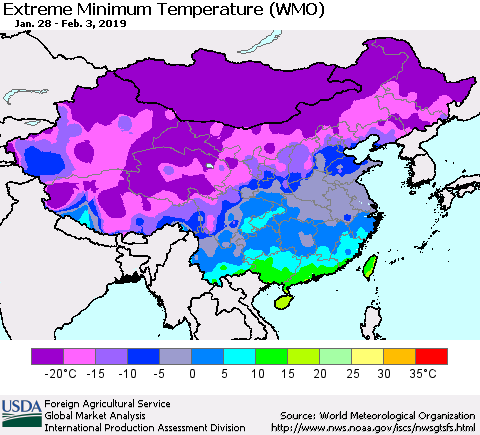 China, Mongolia and Taiwan Minimum Daily Temperature (WMO) Thematic Map For 1/28/2019 - 2/3/2019