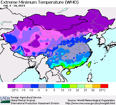 China, Mongolia and Taiwan Minimum Daily Temperature (WMO) Thematic Map For 2/4/2019 - 2/10/2019
