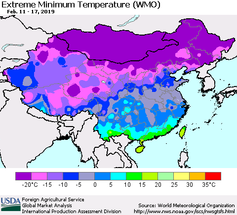 China, Mongolia and Taiwan Minimum Daily Temperature (WMO) Thematic Map For 2/11/2019 - 2/17/2019