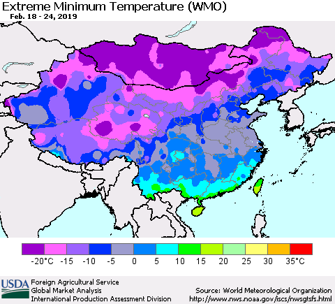 China, Mongolia and Taiwan Minimum Daily Temperature (WMO) Thematic Map For 2/18/2019 - 2/24/2019