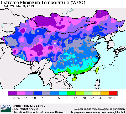 China, Mongolia and Taiwan Minimum Daily Temperature (WMO) Thematic Map For 2/25/2019 - 3/3/2019