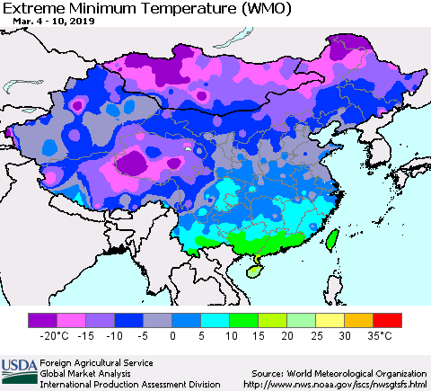 China and Taiwan Extreme Minimum Temperature (WMO) Thematic Map For 3/4/2019 - 3/10/2019