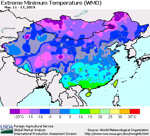 China and Taiwan Extreme Minimum Temperature (WMO) Thematic Map For 3/11/2019 - 3/17/2019
