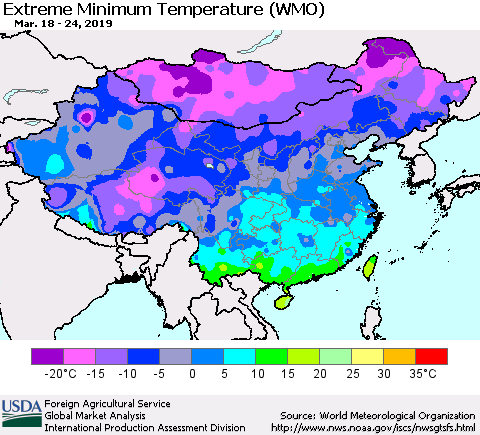 China and Taiwan Extreme Minimum Temperature (WMO) Thematic Map For 3/18/2019 - 3/24/2019