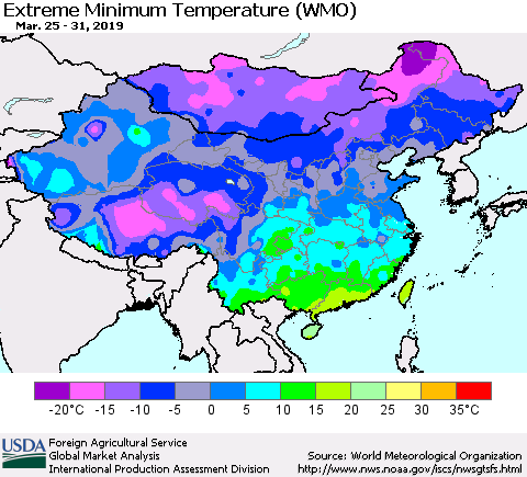 China, Mongolia and Taiwan Minimum Daily Temperature (WMO) Thematic Map For 3/25/2019 - 3/31/2019