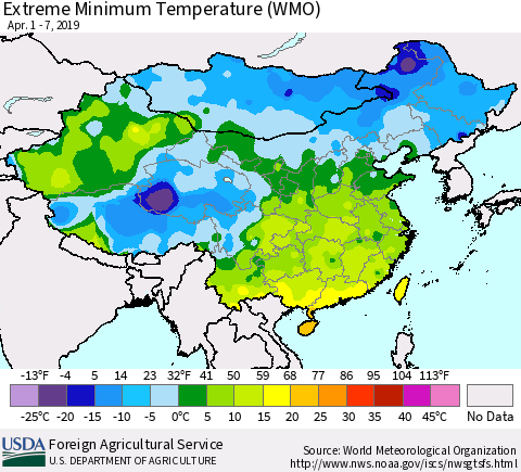 China and Taiwan Extreme Minimum Temperature (WMO) Thematic Map For 4/1/2019 - 4/7/2019