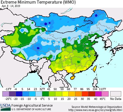 China and Taiwan Extreme Minimum Temperature (WMO) Thematic Map For 4/8/2019 - 4/14/2019