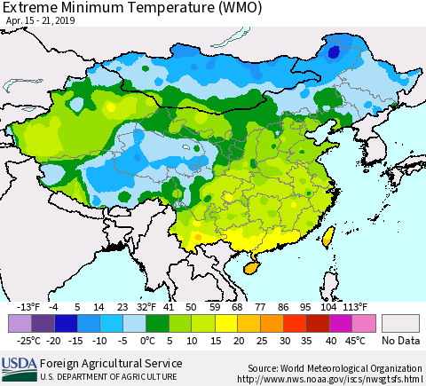China, Mongolia and Taiwan Minimum Daily Temperature (WMO) Thematic Map For 4/15/2019 - 4/21/2019