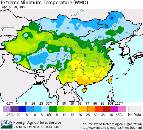 China and Taiwan Extreme Minimum Temperature (WMO) Thematic Map For 4/22/2019 - 4/28/2019