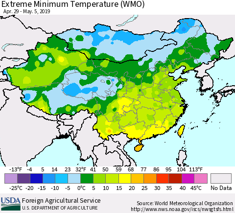 China and Taiwan Extreme Minimum Temperature (WMO) Thematic Map For 4/29/2019 - 5/5/2019