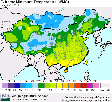 China and Taiwan Extreme Minimum Temperature (WMO) Thematic Map For 5/6/2019 - 5/12/2019