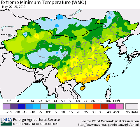 China and Taiwan Extreme Minimum Temperature (WMO) Thematic Map For 5/20/2019 - 5/26/2019