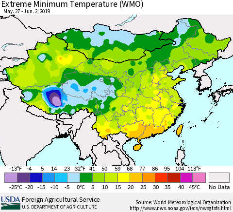 China and Taiwan Extreme Minimum Temperature (WMO) Thematic Map For 5/27/2019 - 6/2/2019