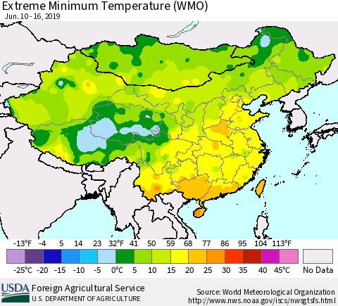 China, Mongolia and Taiwan Minimum Daily Temperature (WMO) Thematic Map For 6/10/2019 - 6/16/2019