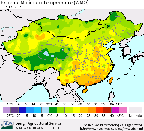 China and Taiwan Extreme Minimum Temperature (WMO) Thematic Map For 6/17/2019 - 6/23/2019