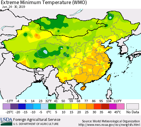 China and Taiwan Extreme Minimum Temperature (WMO) Thematic Map For 6/24/2019 - 6/30/2019