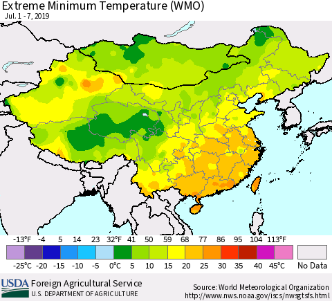 China, Mongolia and Taiwan Minimum Daily Temperature (WMO) Thematic Map For 7/1/2019 - 7/7/2019