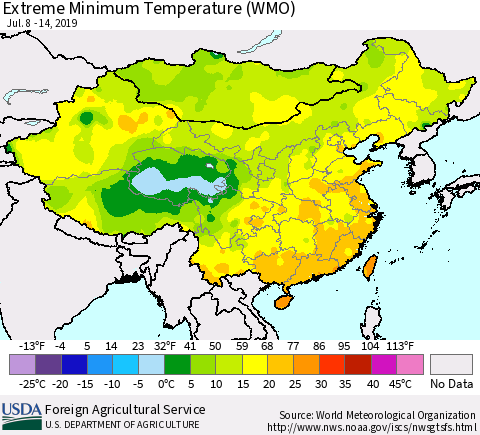 China, Mongolia and Taiwan Minimum Daily Temperature (WMO) Thematic Map For 7/8/2019 - 7/14/2019