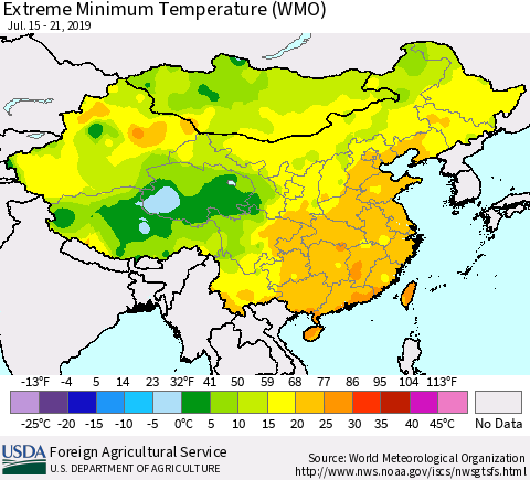 China and Taiwan Extreme Minimum Temperature (WMO) Thematic Map For 7/15/2019 - 7/21/2019