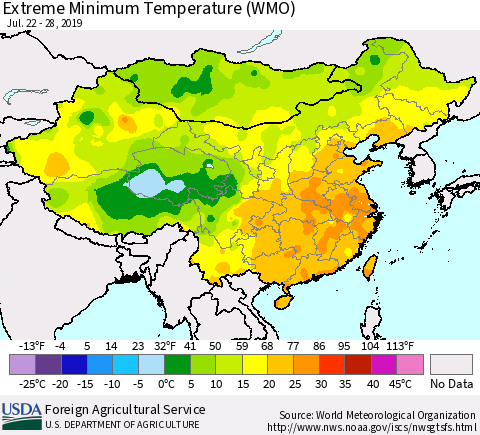 China, Mongolia and Taiwan Minimum Daily Temperature (WMO) Thematic Map For 7/22/2019 - 7/28/2019