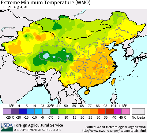 China and Taiwan Extreme Minimum Temperature (WMO) Thematic Map For 7/29/2019 - 8/4/2019