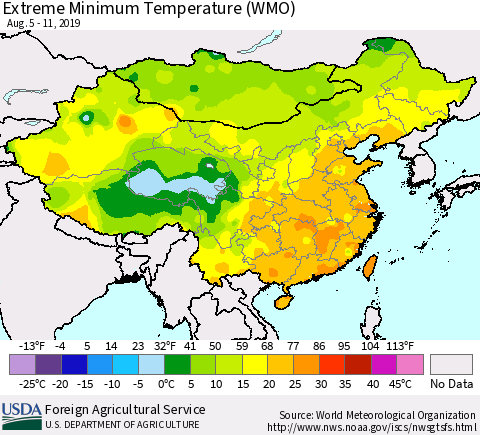 China and Taiwan Extreme Minimum Temperature (WMO) Thematic Map For 8/5/2019 - 8/11/2019