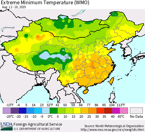 China and Taiwan Extreme Minimum Temperature (WMO) Thematic Map For 8/12/2019 - 8/18/2019