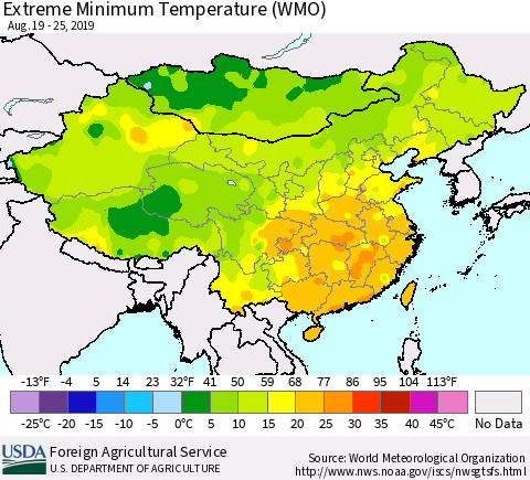 China and Taiwan Extreme Minimum Temperature (WMO) Thematic Map For 8/19/2019 - 8/25/2019