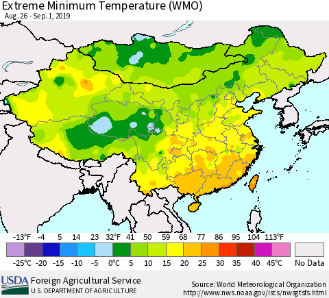 China, Mongolia and Taiwan Minimum Daily Temperature (WMO) Thematic Map For 8/26/2019 - 9/1/2019