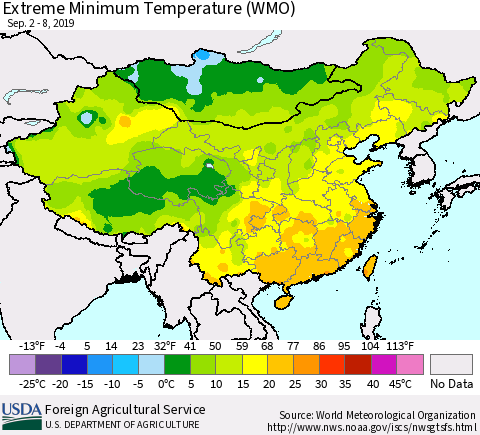 China and Taiwan Extreme Minimum Temperature (WMO) Thematic Map For 9/2/2019 - 9/8/2019