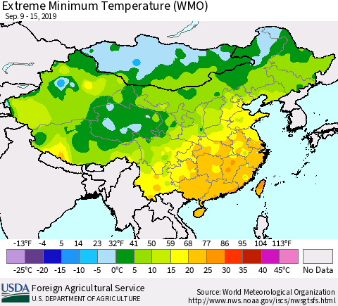 China and Taiwan Extreme Minimum Temperature (WMO) Thematic Map For 9/9/2019 - 9/15/2019