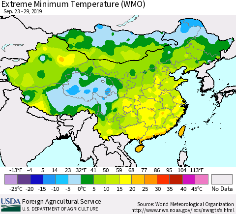 China and Taiwan Extreme Minimum Temperature (WMO) Thematic Map For 9/23/2019 - 9/29/2019