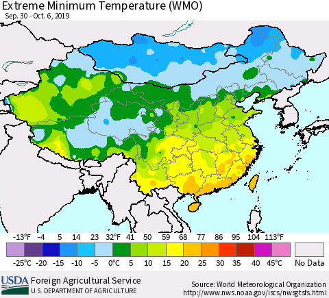 China and Taiwan Extreme Minimum Temperature (WMO) Thematic Map For 9/30/2019 - 10/6/2019