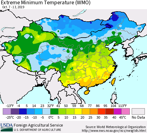 China and Taiwan Extreme Minimum Temperature (WMO) Thematic Map For 10/7/2019 - 10/13/2019