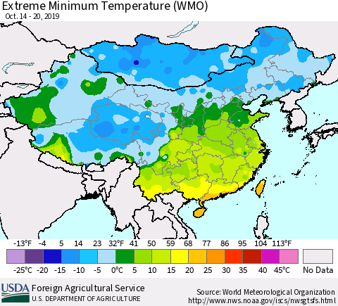 China, Mongolia and Taiwan Minimum Daily Temperature (WMO) Thematic Map For 10/14/2019 - 10/20/2019