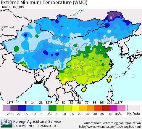 China, Mongolia and Taiwan Minimum Daily Temperature (WMO) Thematic Map For 11/4/2019 - 11/10/2019