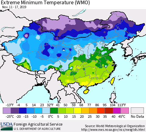 China, Mongolia and Taiwan Minimum Daily Temperature (WMO) Thematic Map For 11/11/2019 - 11/17/2019