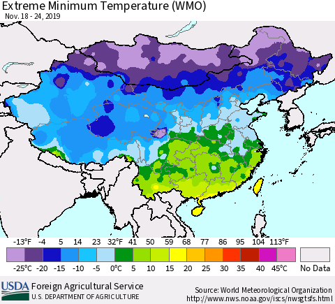 China, Mongolia and Taiwan Minimum Daily Temperature (WMO) Thematic Map For 11/18/2019 - 11/24/2019