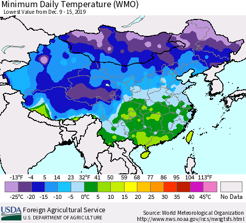 China, Mongolia and Taiwan Minimum Daily Temperature (WMO) Thematic Map For 12/9/2019 - 12/15/2019