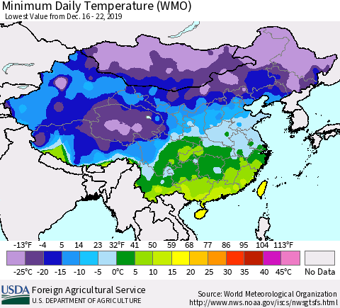 China, Mongolia and Taiwan Minimum Daily Temperature (WMO) Thematic Map For 12/16/2019 - 12/22/2019