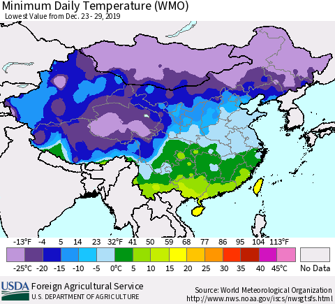 China, Mongolia and Taiwan Minimum Daily Temperature (WMO) Thematic Map For 12/23/2019 - 12/29/2019