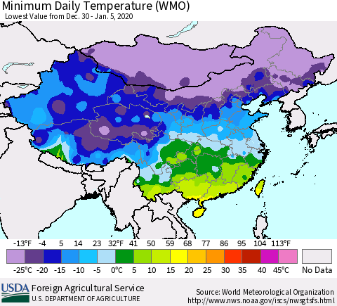 China, Mongolia and Taiwan Minimum Daily Temperature (WMO) Thematic Map For 12/30/2019 - 1/5/2020