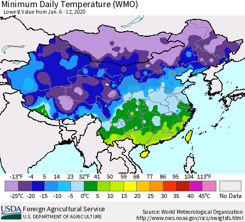 China, Mongolia and Taiwan Minimum Daily Temperature (WMO) Thematic Map For 1/6/2020 - 1/12/2020